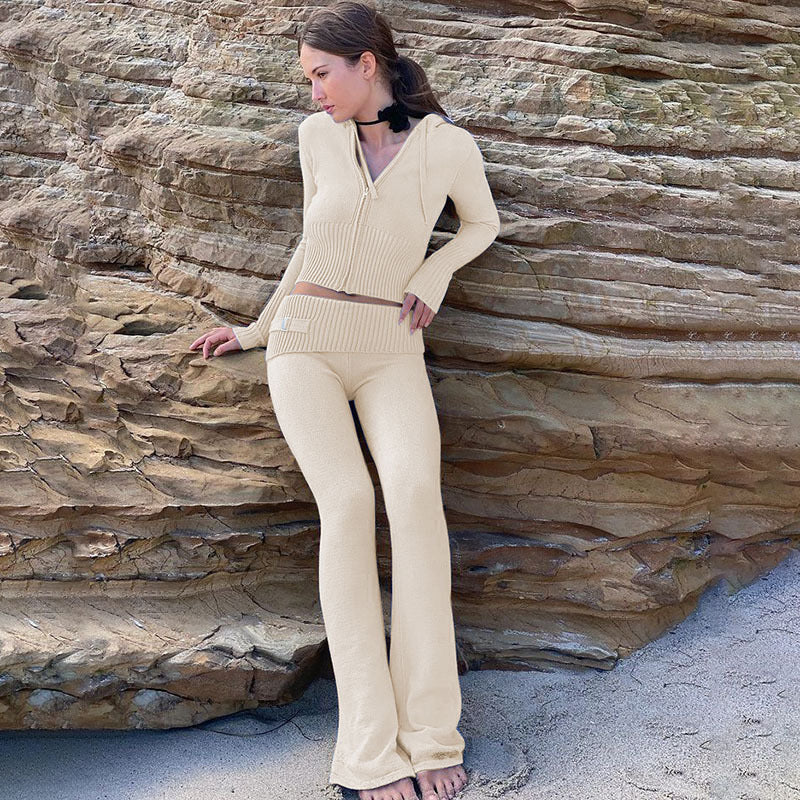 Women’s Knitted Hooded Two-Piece Set – Cardigan & High-Waisted Pants Suit