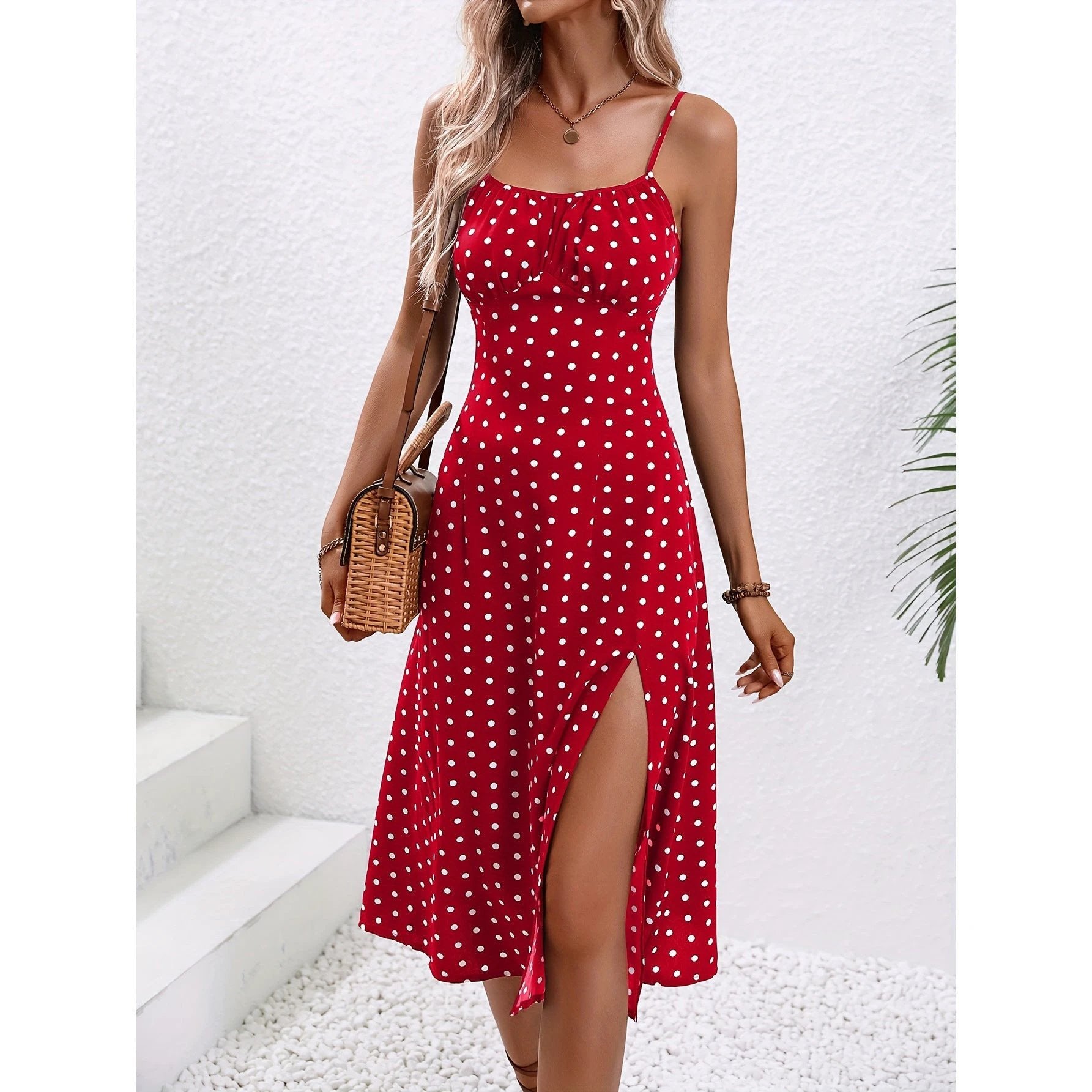 New Polka Dot Print Suspender Dress Summer Sexy Split Long Dresses For Womens Clothing