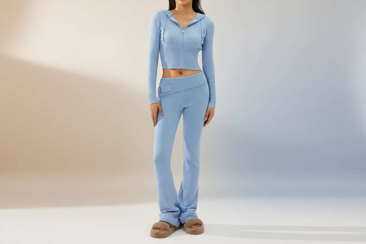 Women’s Knitted Hooded Two-Piece Set – Cardigan & High-Waisted Pants Suit