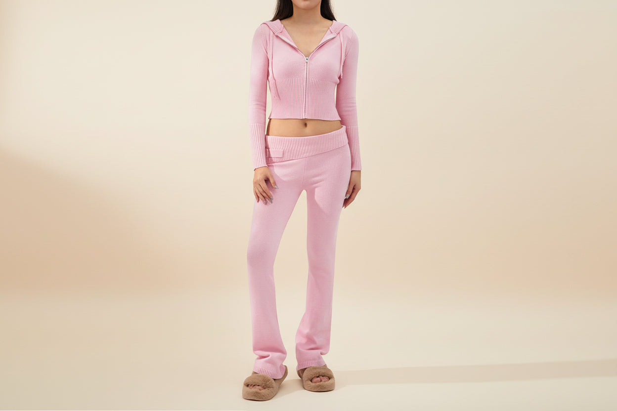 Women’s Knitted Hooded Two-Piece Set – Cardigan & High-Waisted Pants Suit